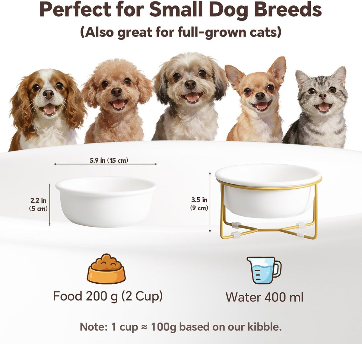 Elevated Ceramic Dog Bowl with Metal Stand - Raised Feeding Dish for Small Dogs and Cats - Ideal for Food or Water - Each Holds 400Ml / 2 Cups (Approx. 200G) - White