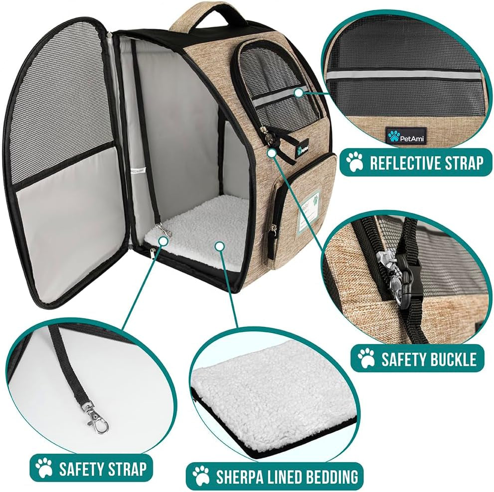 Dog Backpack Carrier for Small to Large Pets & Cats - Ventilated Pet Hiking Backpack Travel Bag, Airline & Camping/Biking Dog Bag, up to 18Lbs, Taupe