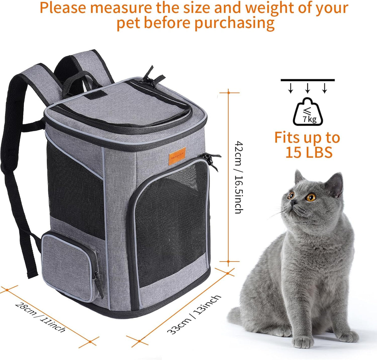 Cat Backpack Dog Backpack for Cats and Small Dogs 7 Kg, Foldable Pet Backpack with Inner Safety Lead and Shell Lightgrey