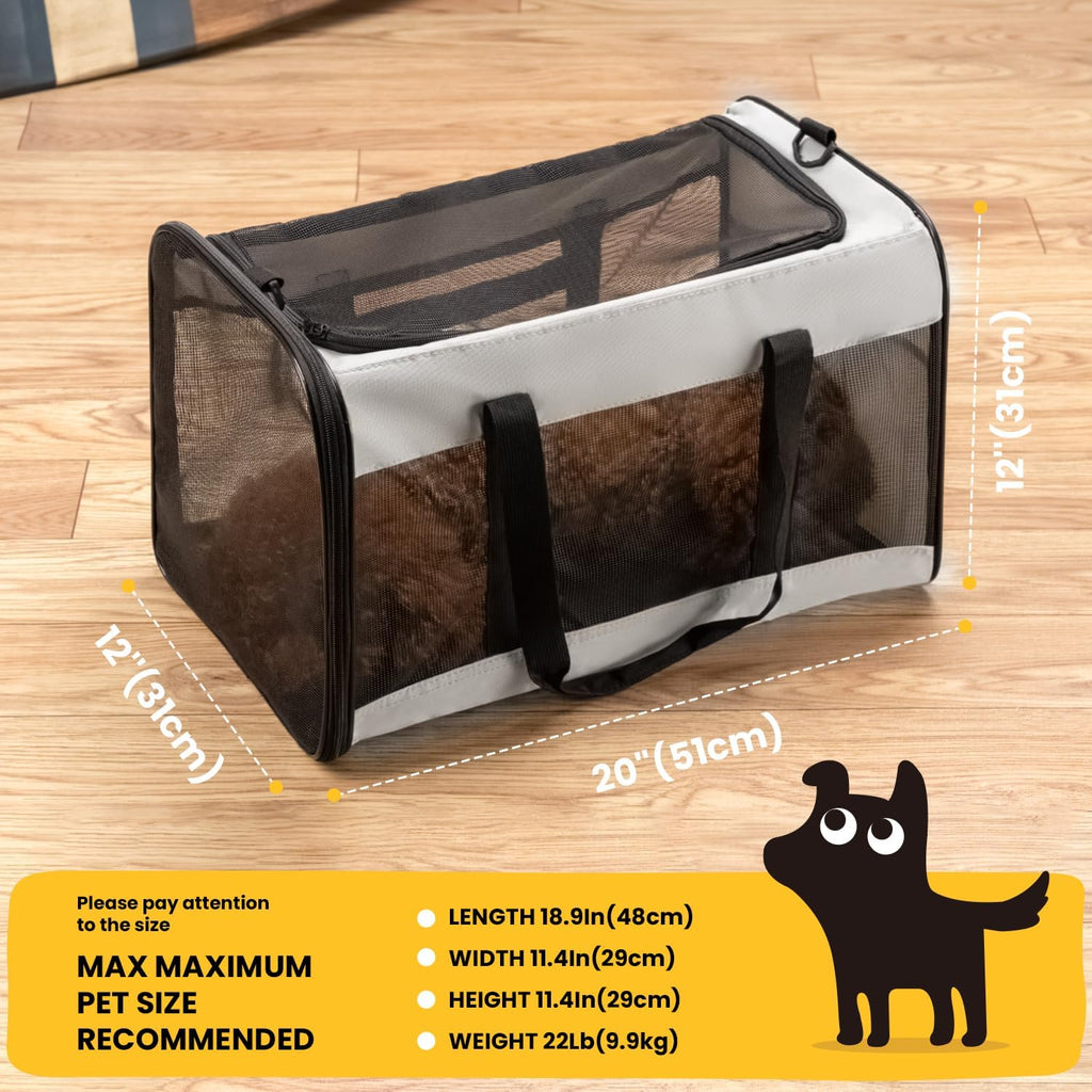 Dog Carrier Bag,Soft-Sided Pet Carriers for Dogs with 4-Sided Mesh, Cat Transport for Large Cats Small Dog up to 9Kg,Collapsible Dat Travel Carrier-L,Grey