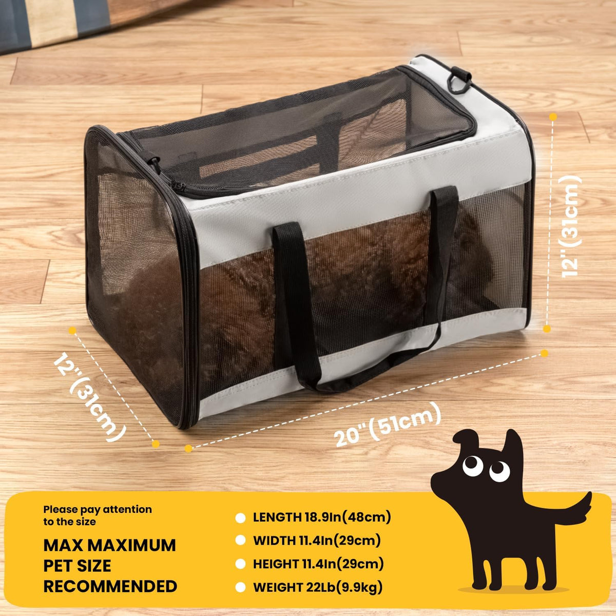 Dog Carrier Bag,Soft-Sided Pet Carriers for Dogs with 4-Sided Mesh, Cat Transport for Large Cats Small Dog up to 9Kg,Collapsible Dat Travel Carrier-L,Grey