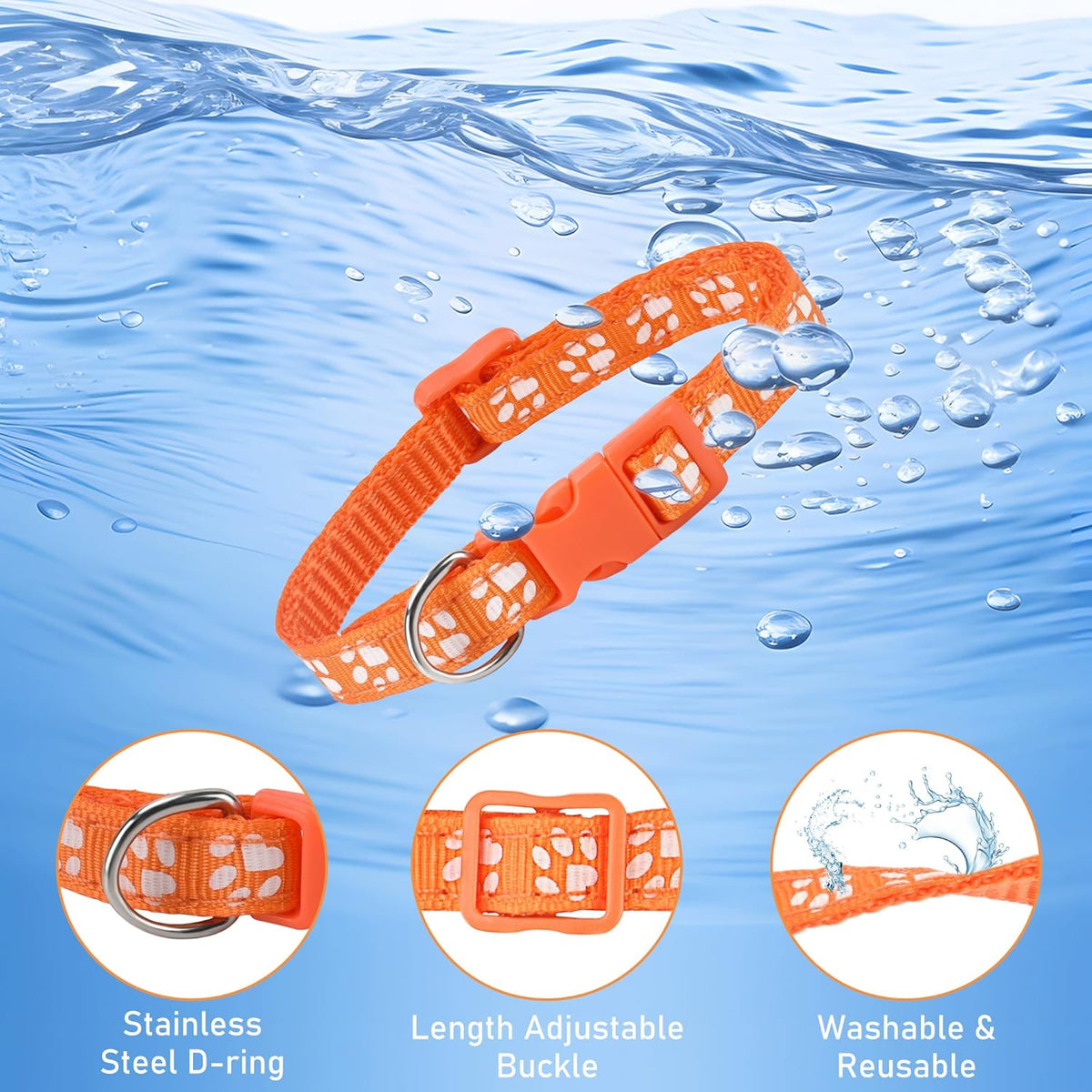 Puppy Whelping Collar Set, Soft Nylon Adjustable ID Bands with Paw Print Pattern, 12 Colors, Safety Buckle, Record Charts Included, S-M Sizes (M, Footprint)