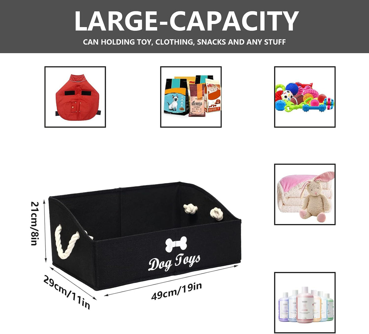 Large Dog Toy Bin - Shallow Toy Baskets, Perfect for Living Room, Playroom, Closet & Home Organization - Black