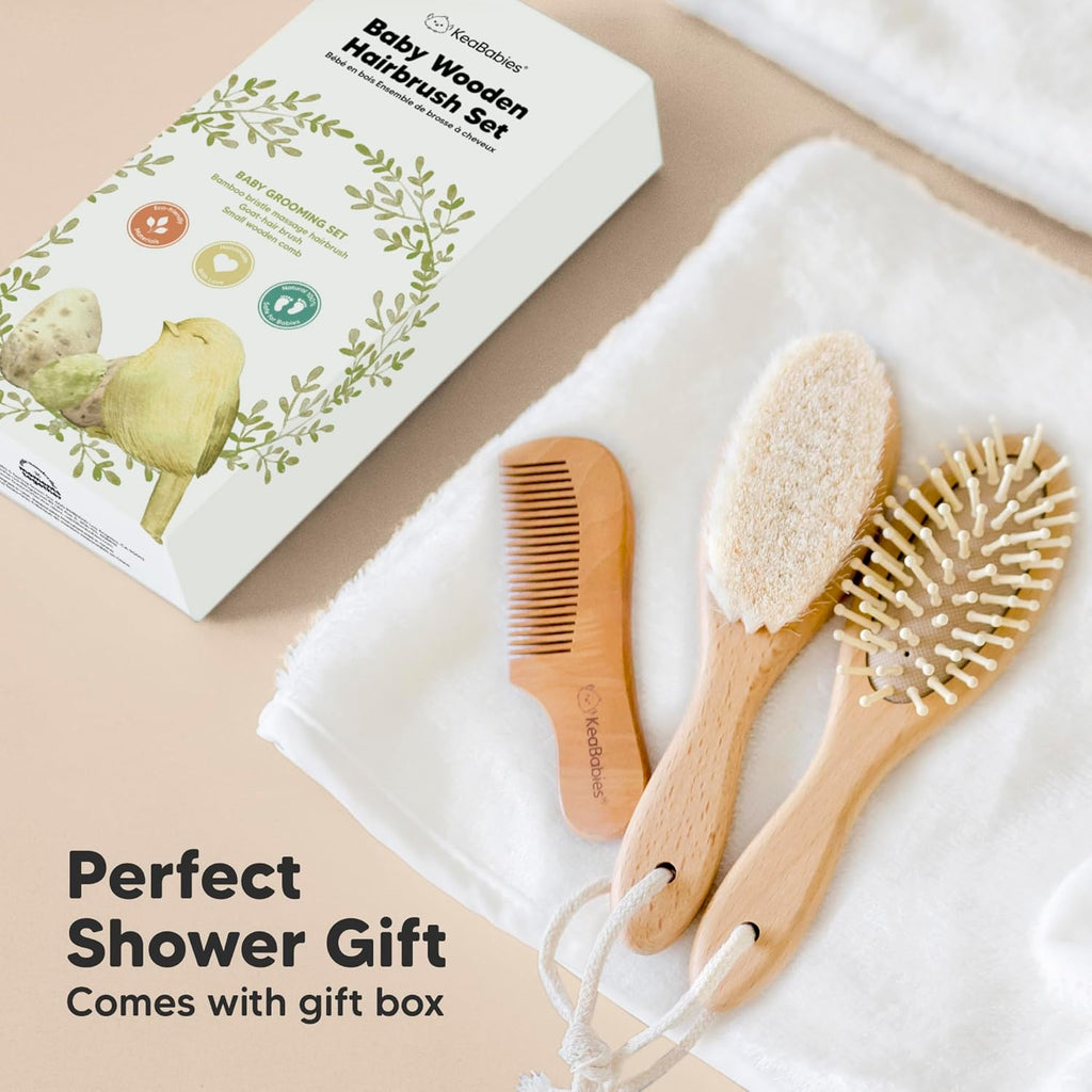 Baby Hair Brush and Comb Set for Newborn - Wooden with Soft Goat Bristle, Newborns Girl, Boy, Toddler Cradle Cap (Oval, Walnut)