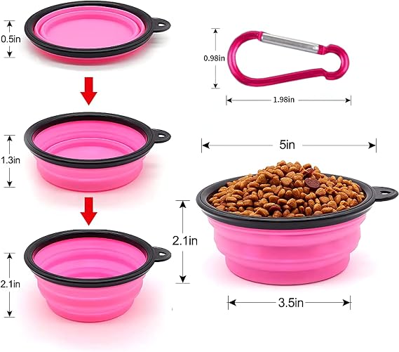 Collapsible Dog Bowl 350ml – Portable Pet Water & Food Bowl with Carabiner, Small Pink