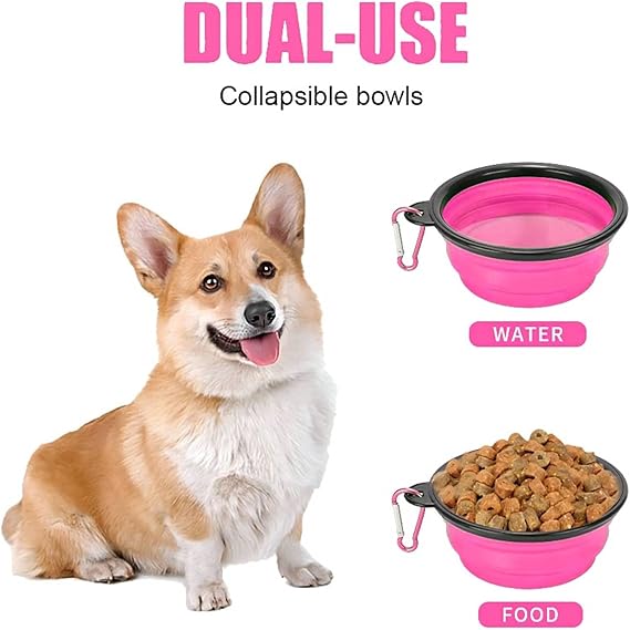 Collapsible Dog Bowl 350ml – Portable Pet Water & Food Bowl with Carabiner, Small Pink