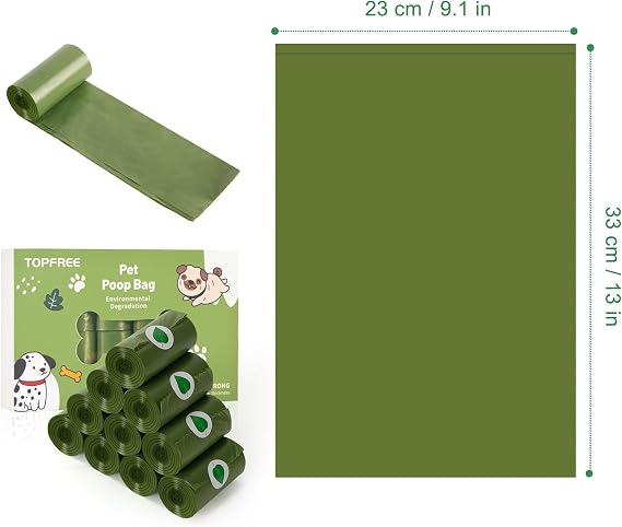 Topfree Dog Poo Bags – 180 Biodegradable-Style Dog Waste Bags, 18 Rolls, Green