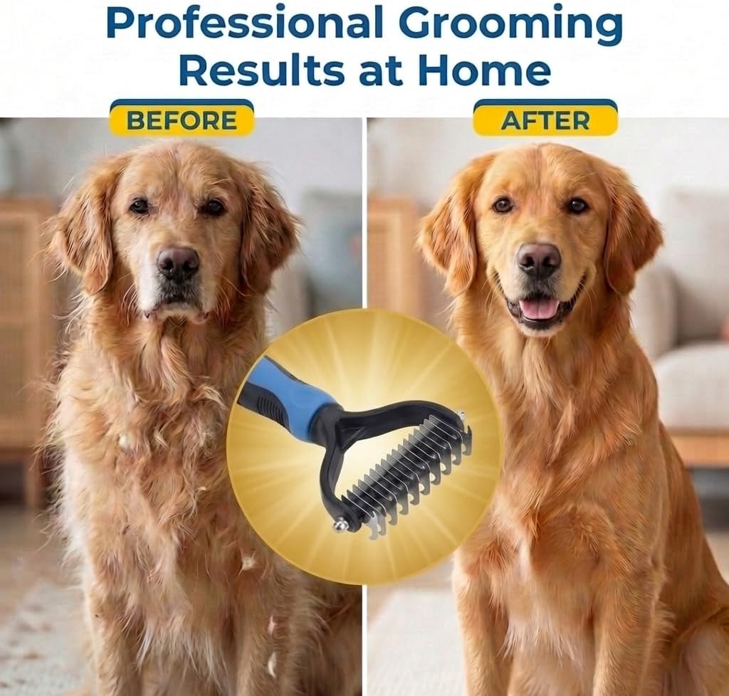 Fur Magic Dematting Comb for Dogs & Cats – Dual-Sided Undercoat Rake, Deshedding & Grooming Tool for Loose Fur, Knots & Mats