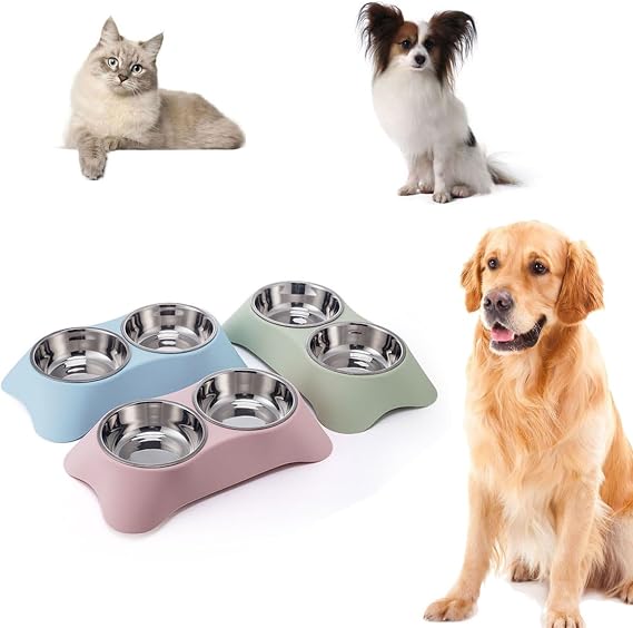 Double Dog Bowl for Dogs – Non-Slip Stainless Steel Food & Water Bowls, Small, Green