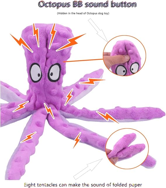 RAYITO Octopus Dog Toy – No Stuffing Squeaky Plush Toy for Dogs, Interactive Chew & Play Toy, Purple