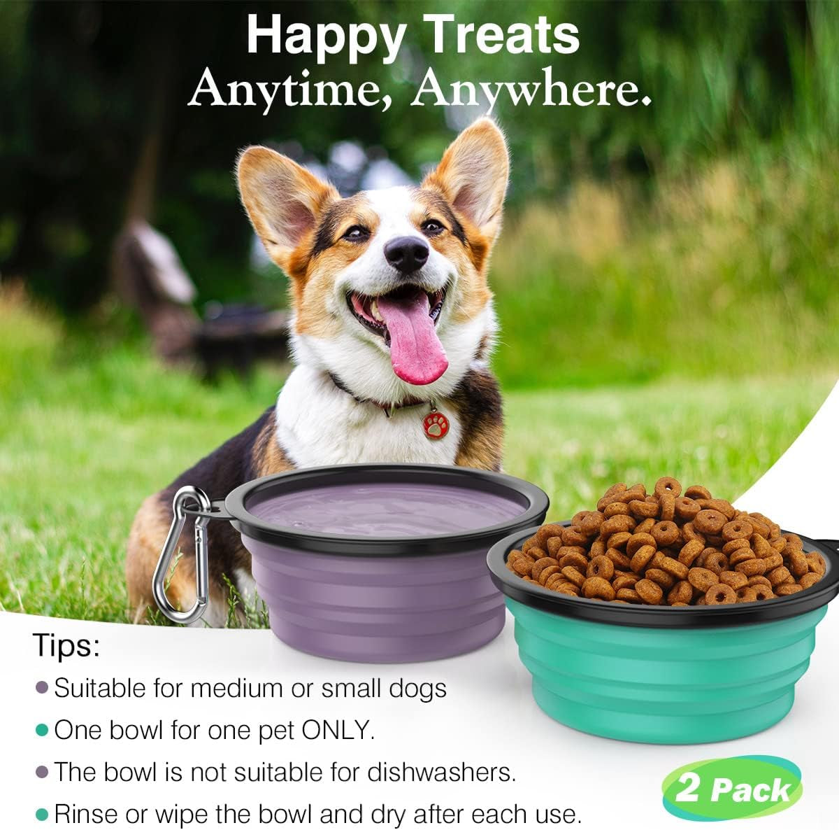Collapsible Travel Dog Bowls 2 Pack with Lids & Carabiners Silicone