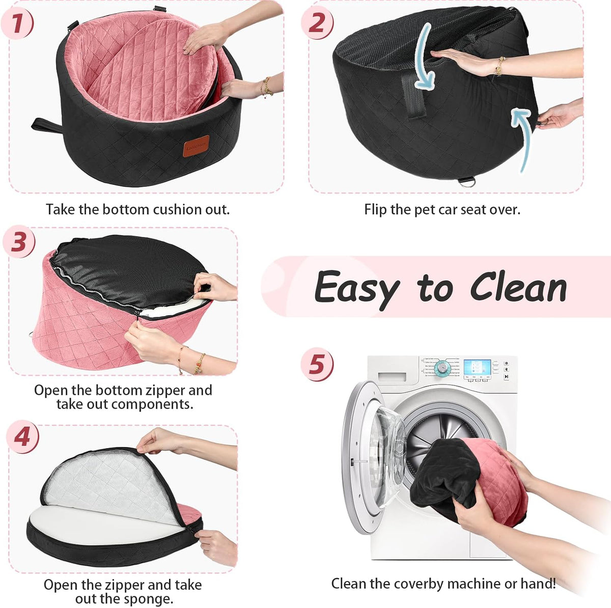 Dog Car Seat for Small Dogs,Comfy Pet Travel Car Bed with 2 Clip-On Leashes,Fully Removable & Washable,Non-Slip Base with Seatbelt Channle, Easy to Install (Black/Pink, Small)
