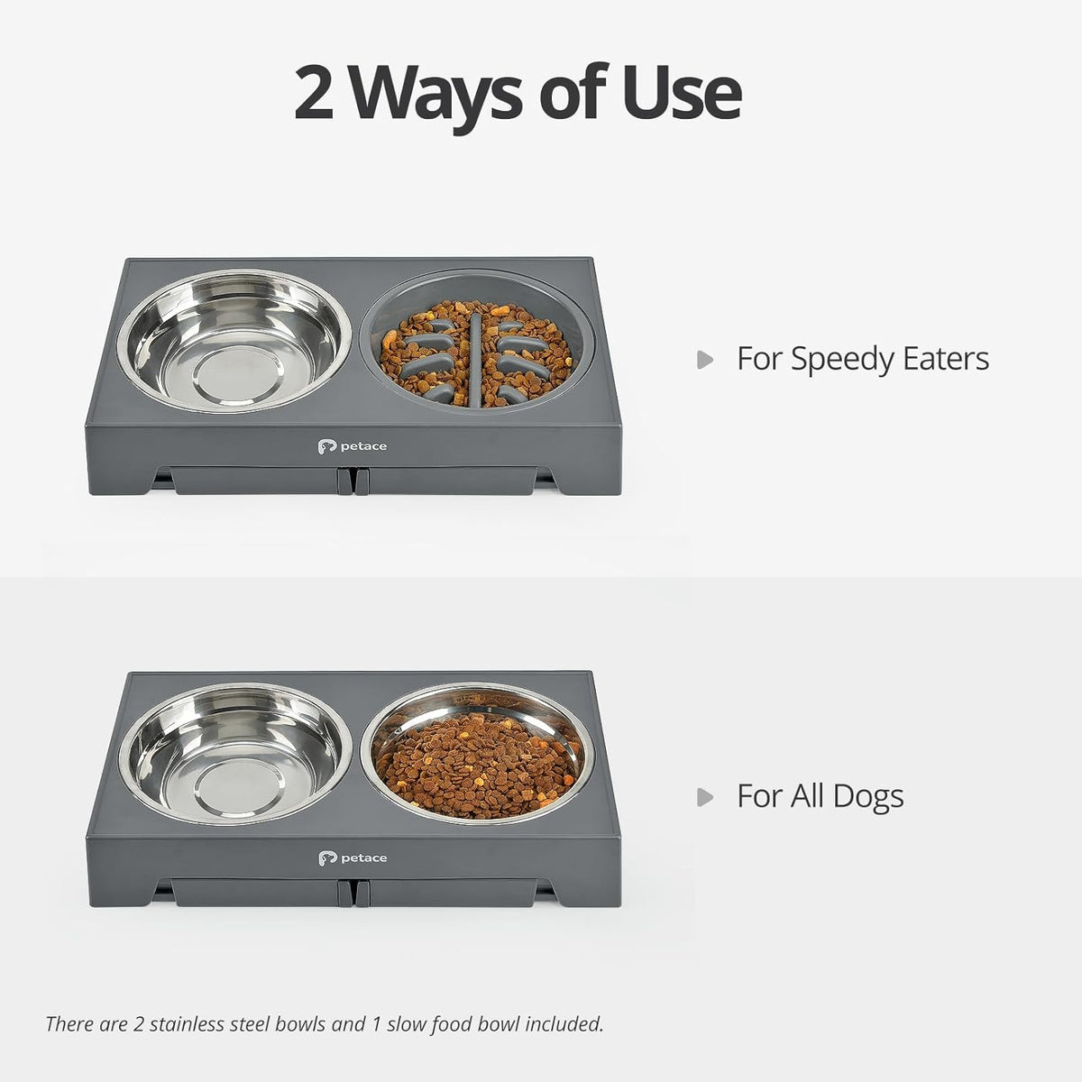 Raised Dog Bowl, 5 Adjustable Heights, 2 Stainless Bowls, Grey