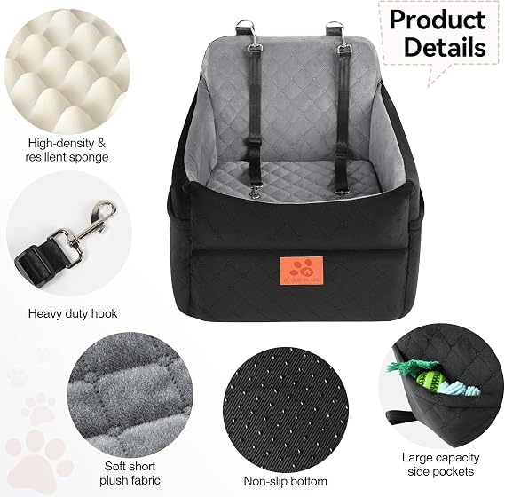 Dog Car Seat for Small & Medium Dogs – Booster Seat with Thick Washable Cushion, 2 Safety Belts & Storage Pockets, Black/Grey