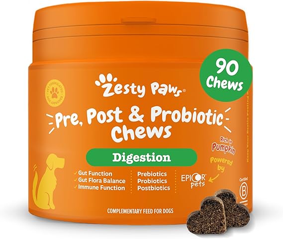 Zesty Paws Probiotic Chews for Dogs – Daily Digestive & Gut Support Supplement, 90 Chews