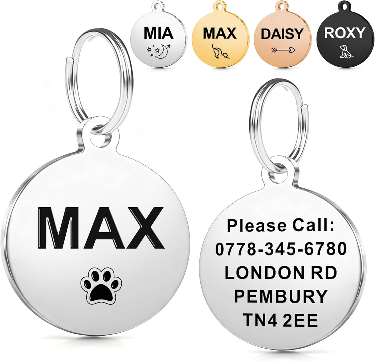 Personalised Dog Tags for Pets UK, Engraved Stainless Steel Cat & Dog Name ID Tag, Scratch & Rust Resistant, Silver Round Pet Tag
