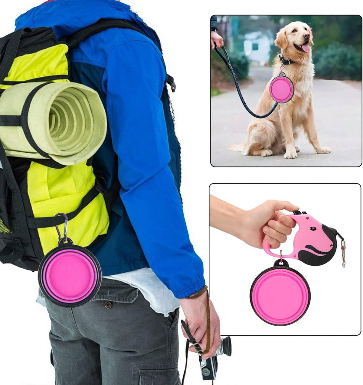 Collapsible Dog Bowl 350ml – Portable Pet Water & Food Bowl with Carabiner, Small Pink