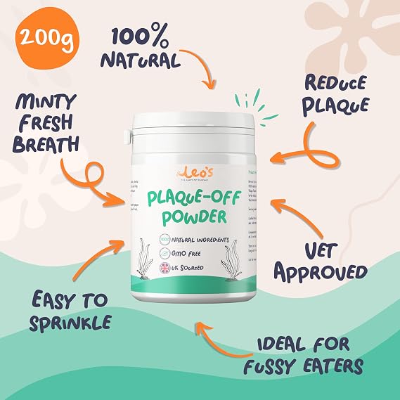 Leo's Plaque Off Powder for Dogs & Cats – Natural Dental Care Food Topper for Teeth & Fresh Breath, 200g