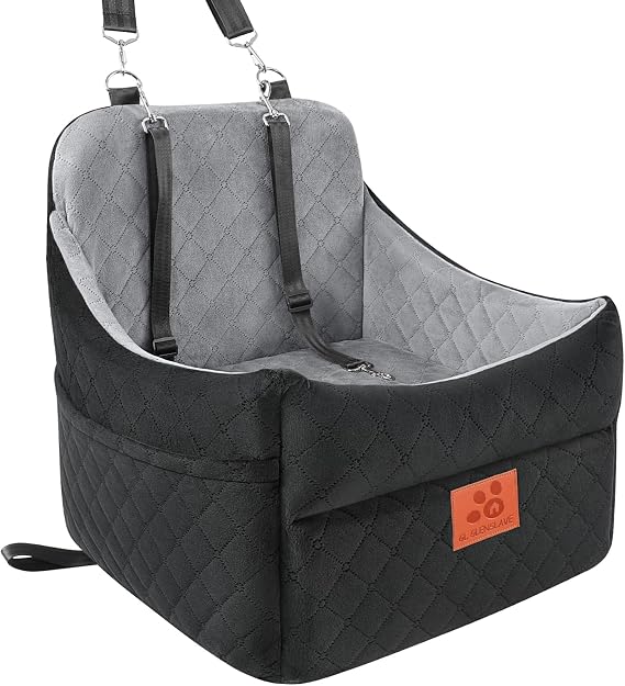 Dog Car Seat for Small & Medium Dogs – Booster Seat with Thick Washable Cushion, 2 Safety Belts & Storage Pockets, Black/Grey
