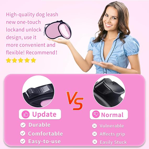 ANCOOLE 5m Retractable Dog Lead – 16ft Automatic Extendable Dog Leash for Small & Medium Dogs, Pink