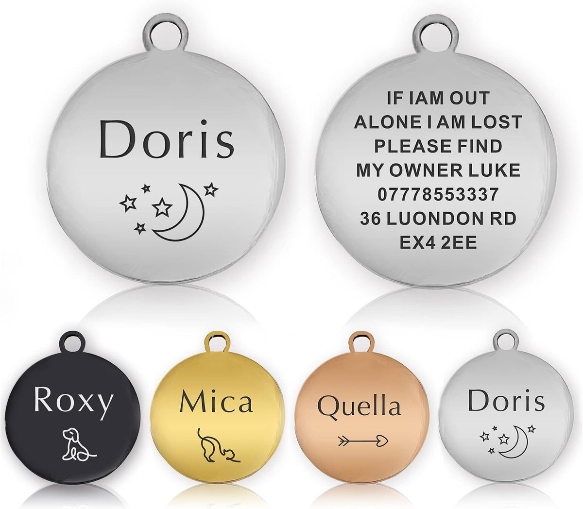 Personalised Dog Tags for Pets UK, Engraved Stainless Steel Cat & Dog Name ID Tag, Scratch & Rust Resistant, Silver Round Pet Tag