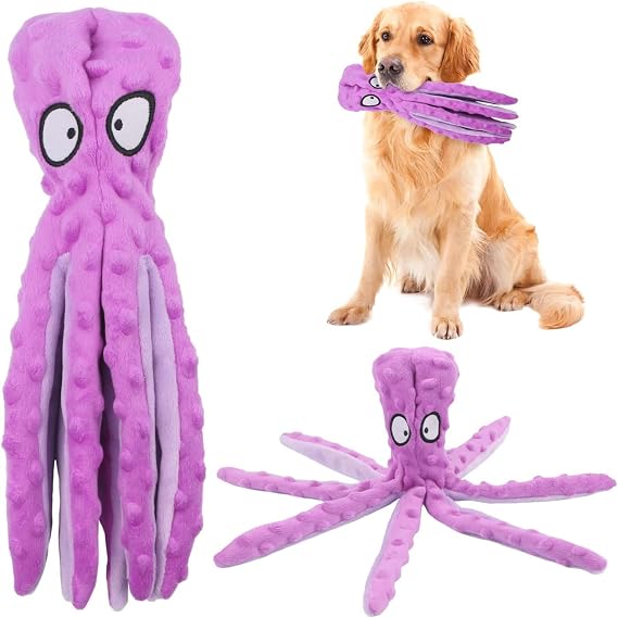 RAYITO Octopus Dog Toy – No Stuffing Squeaky Plush Toy for Dogs, Interactive Chew & Play Toy, Purple