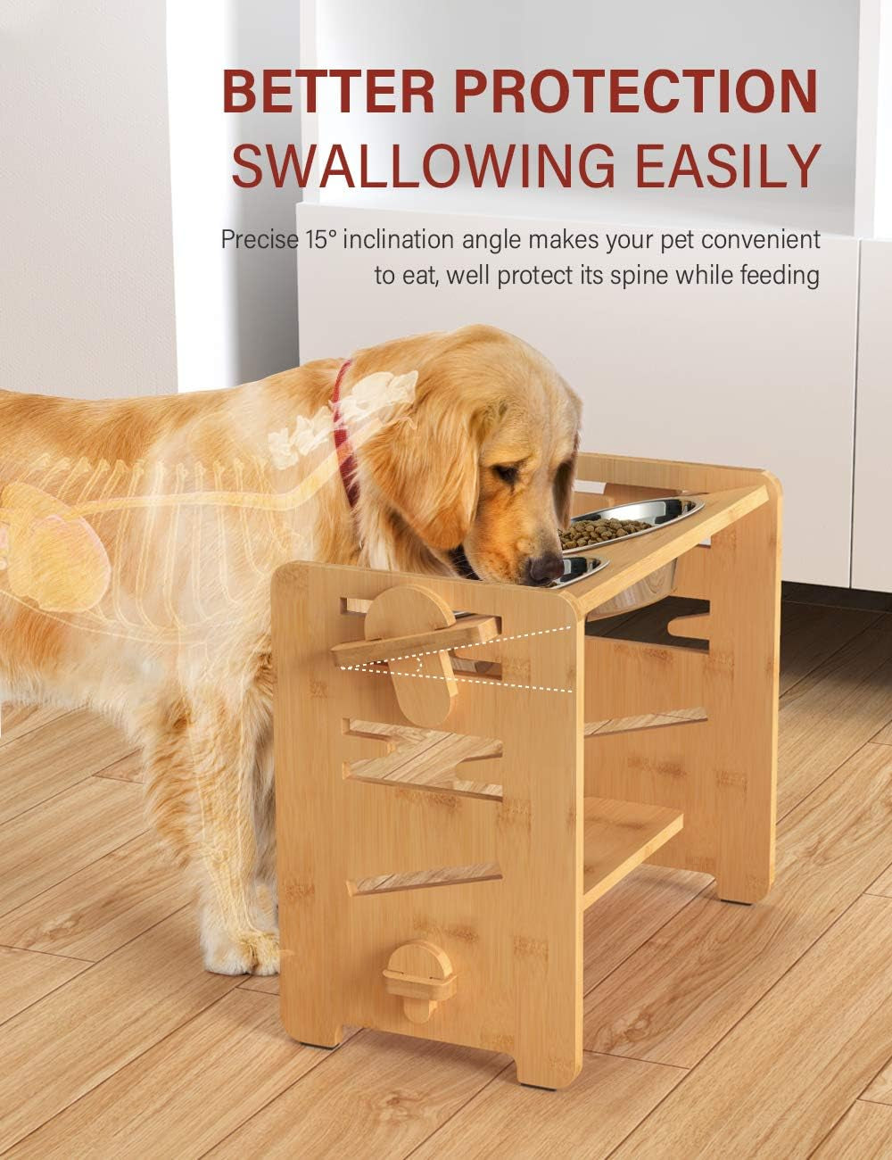 Raised Dog Bowls with Stand, Adjustable Bamboo Feeder, Medium