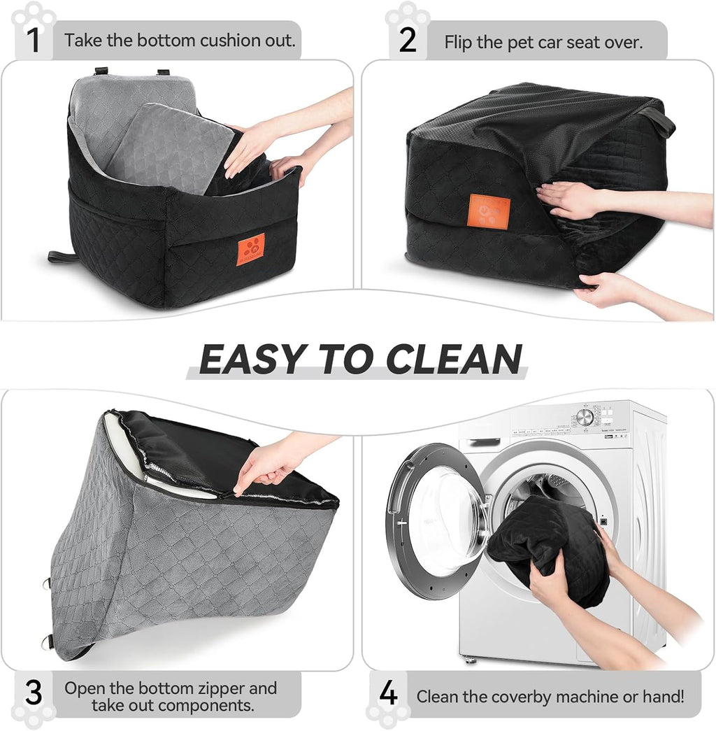 Dog Car Seat for Small & Medium Dogs – Booster Seat with Thick Washable Cushion, 2 Safety Belts & Storage Pockets, Black/Grey