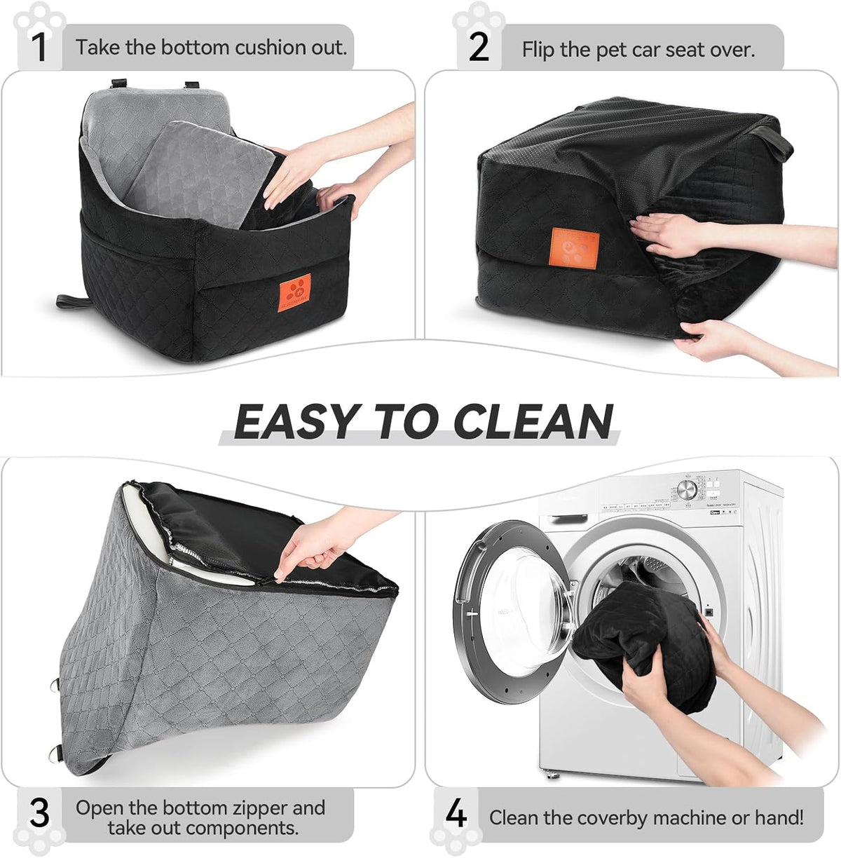 Dog Car Seat for Small & Medium Dogs – Booster Seat with Thick Washable Cushion, 2 Safety Belts & Storage Pockets, Black/Grey