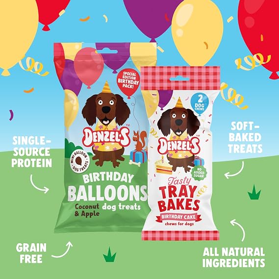 Denzel's Dog Treats Mini Birthday Gift Box for Dogs – Birthday Cake & Balloon Treats with Peanut Butter, Strawberry, Coconut & Apple, 110g
