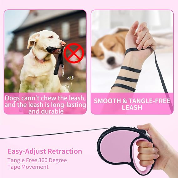 ANCOOLE 5m Retractable Dog Lead – 16ft Automatic Extendable Dog Leash for Small & Medium Dogs, Pink