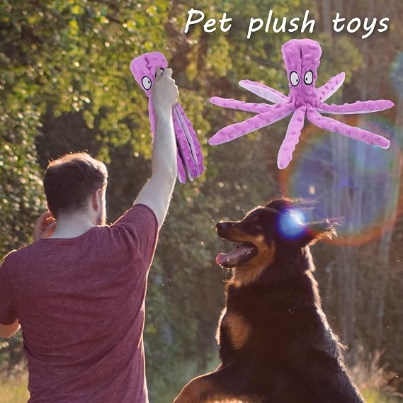 RAYITO Octopus Dog Toy – No Stuffing Squeaky Plush Toy for Dogs, Interactive Chew & Play Toy, Purple