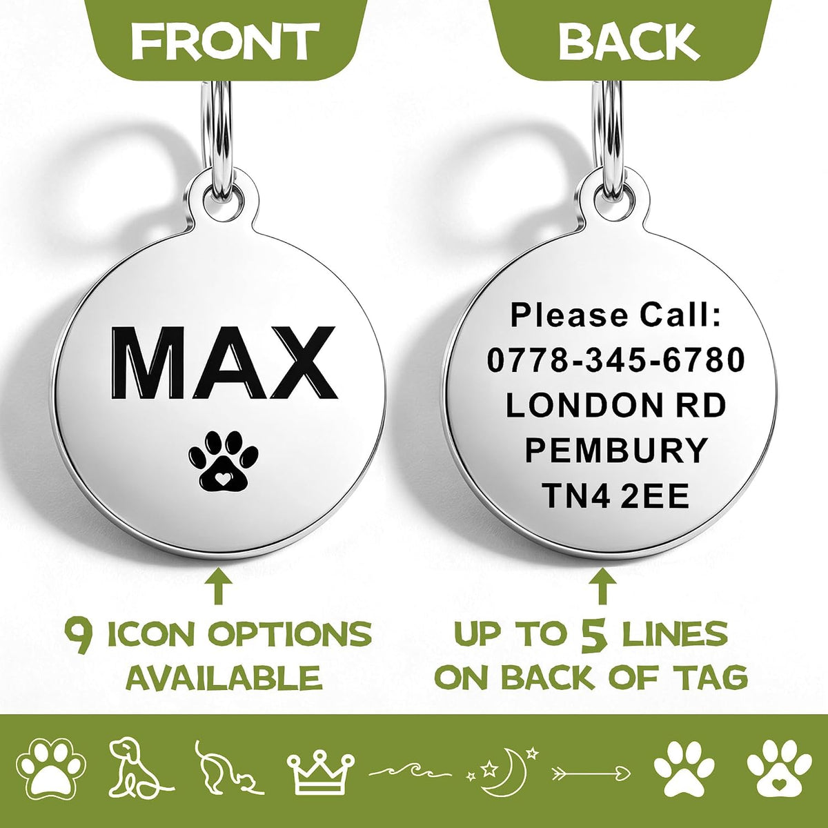 Personalised Dog Tags for Pets UK, Engraved Stainless Steel Cat & Dog Name ID Tag, Scratch & Rust Resistant, Silver Round Pet Tag