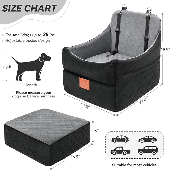 Dog Car Seat for Small & Medium Dogs – Booster Seat with Thick Washable Cushion, 2 Safety Belts & Storage Pockets, Black/Grey