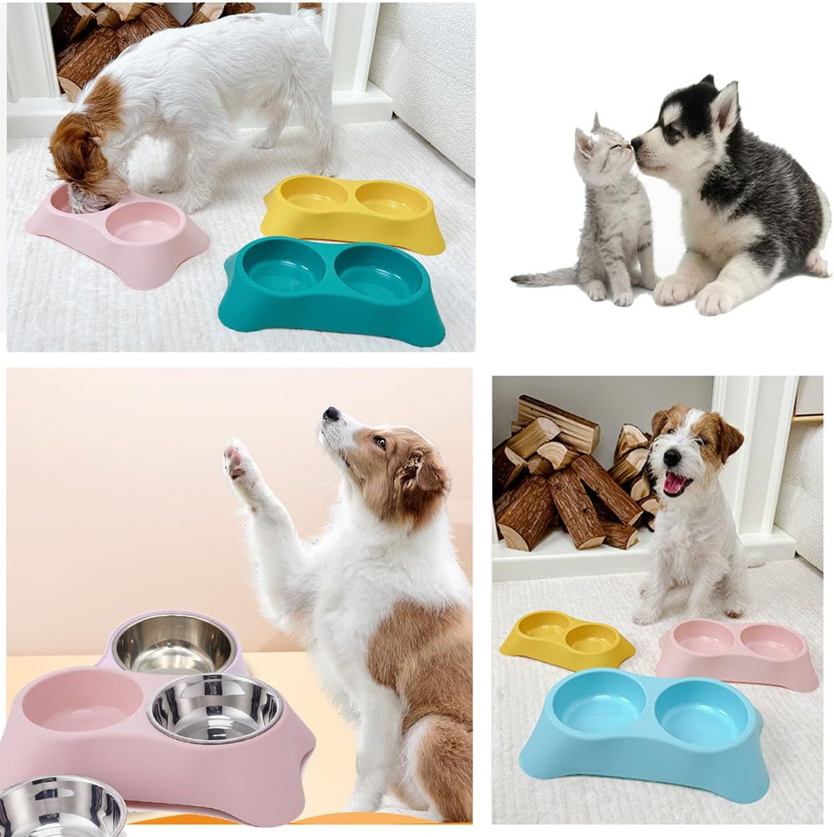 Double Dog Bowl for Dogs – Non-Slip Stainless Steel Food & Water Bowls, Small, Green