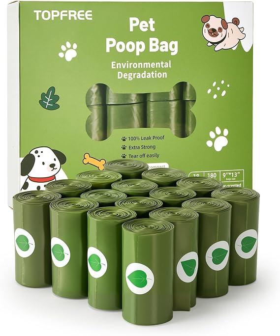 Topfree Dog Poo Bags – 180 Biodegradable-Style Dog Waste Bags, 18 Rolls, Green