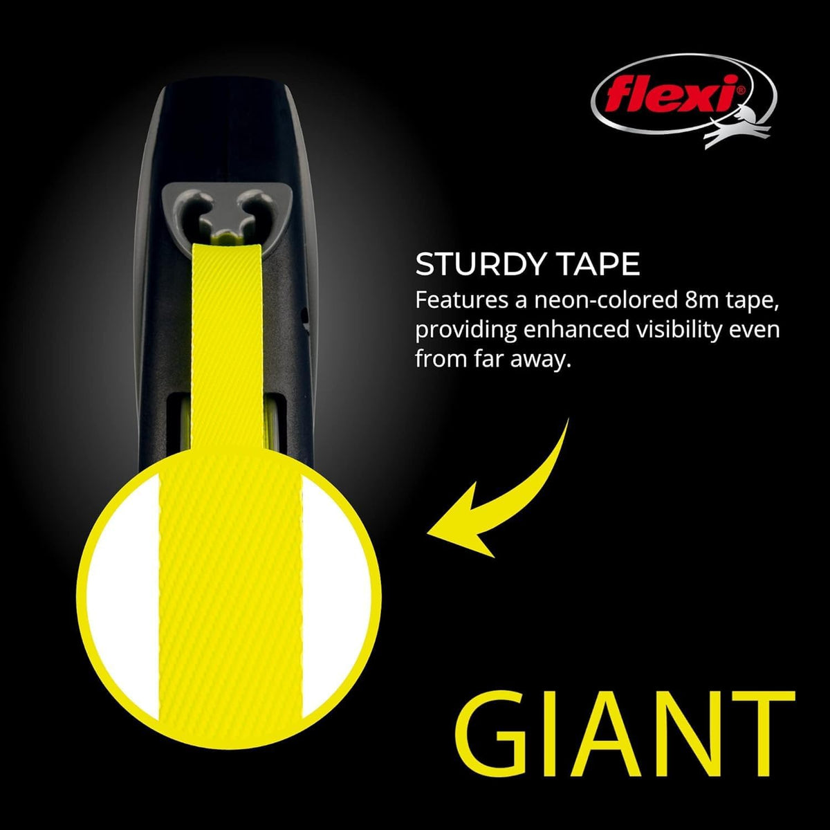 Flexi USA Giant Neon Retractable Dog Leash (Band), Ergonomic, Durable and Tangle-Free Pet Running Leash for Dogs up to 110 Lbs, 26 Feet, Large, Black