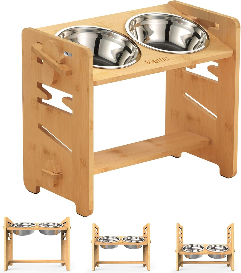 Raised Dog Bowls with Stand, Adjustable Bamboo Feeder, Medium