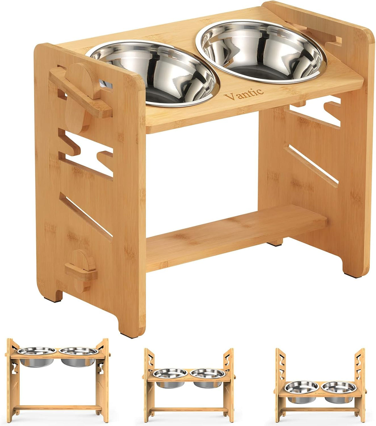 Raised Dog Bowls with Stand, Adjustable Bamboo Feeder, Medium