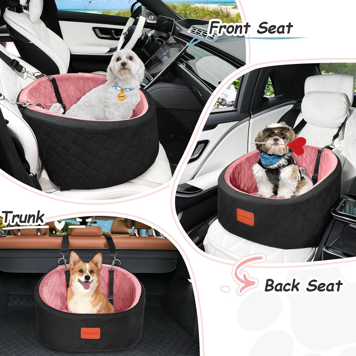 Dog Car Seat for Small Dogs,Comfy Pet Travel Car Bed with 2 Clip-On Leashes,Fully Removable & Washable,Non-Slip Base with Seatbelt Channle, Easy to Install (Black/Pink, Small)