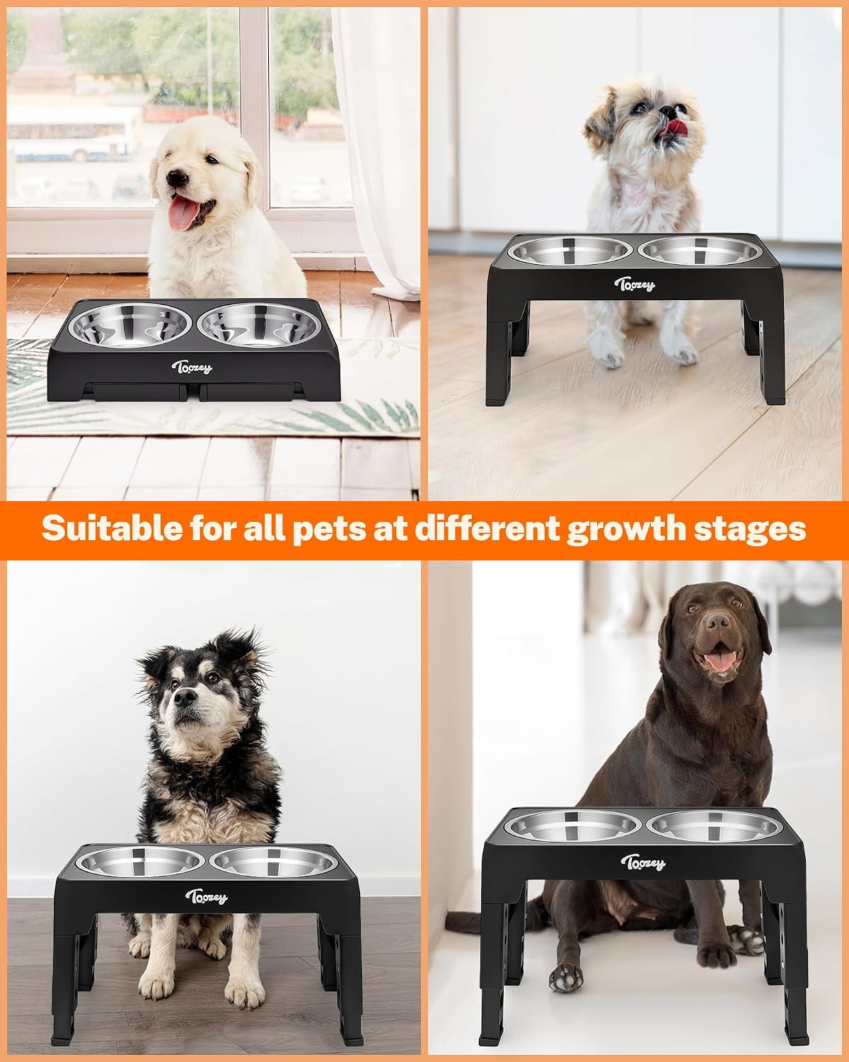 Raised Dog Bowl Height-Adjustable, Elevated Dog Bowls with 2X 1200Ml Stainless Steel Bowls, for Small Medium & Large Dogs, Non-Slip and No Spill, Black