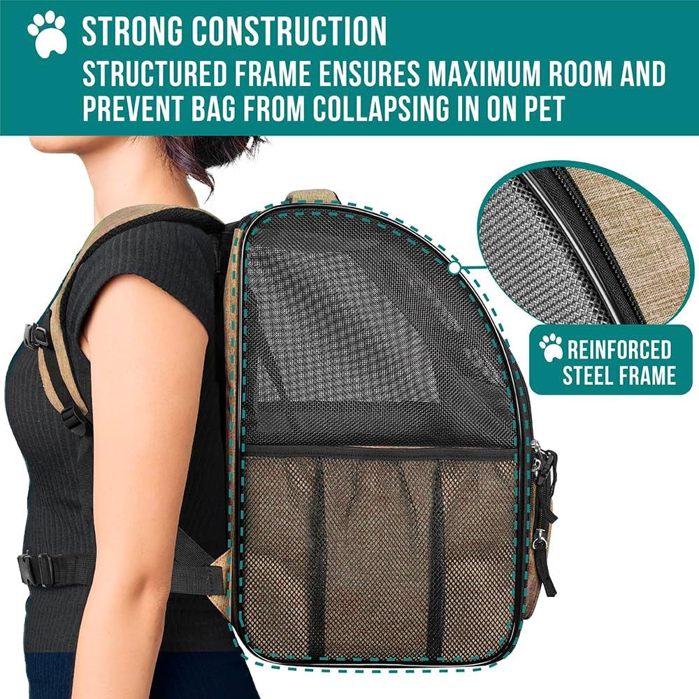 Dog Backpack Carrier for Small to Large Pets & Cats - Ventilated Pet Hiking Backpack Travel Bag, Airline & Camping/Biking Dog Bag, up to 18Lbs, Taupe