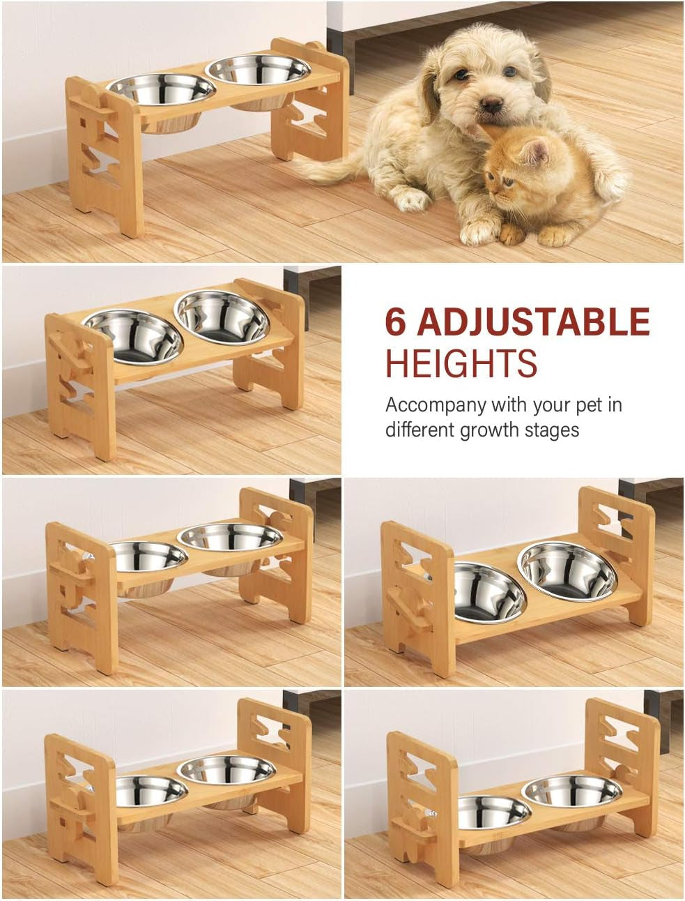 Elevated Dog Bowls for Small Dogs, Raised Dog Bowls with Stand, 6 Heights Adjustable Dog Bowls on Stands, Bamboo Dog Feeding Station with 2 Stainless Steel Bowls and Non-Slip Feet, 17Cm High