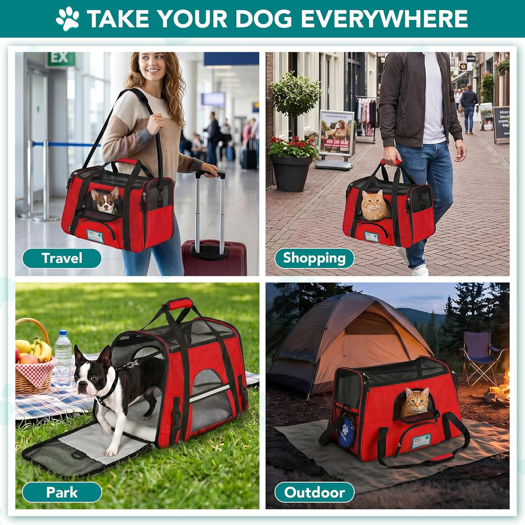 Airline Approved Pet Carrier for Cat, Soft Sided Dog Carrier for Small Dogs, Cat Travel Supplies Accessories for Indoor Cats, Ventilated Pet Carrying Bag Medium Large Kitten Puppy, Large Red