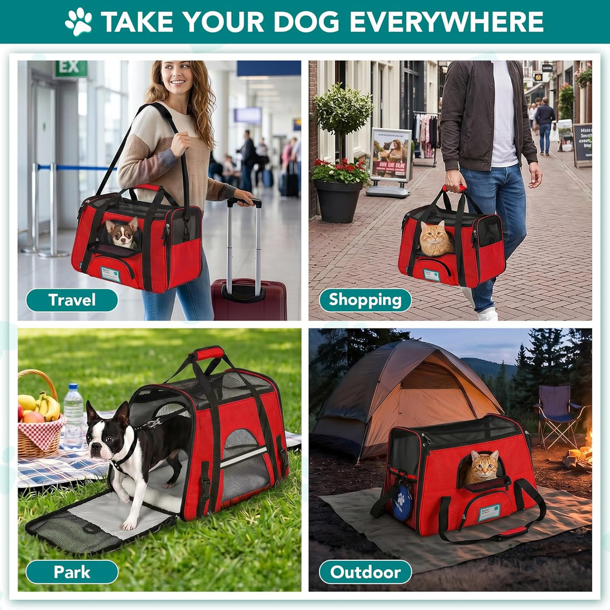 Airline Approved Pet Carrier for Cat, Soft Sided Dog Carrier for Small Dogs, Cat Travel Supplies Accessories for Indoor Cats, Ventilated Pet Carrying Bag Medium Large Kitten Puppy, Large Red