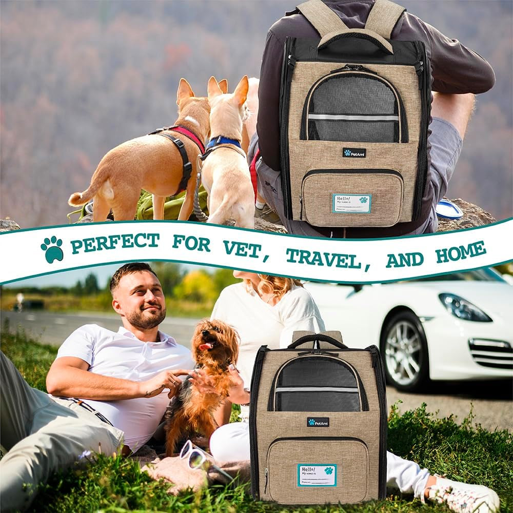 Dog Backpack Carrier for Small to Large Pets & Cats - Ventilated Pet Hiking Backpack Travel Bag, Airline & Camping/Biking Dog Bag, up to 18Lbs, Taupe