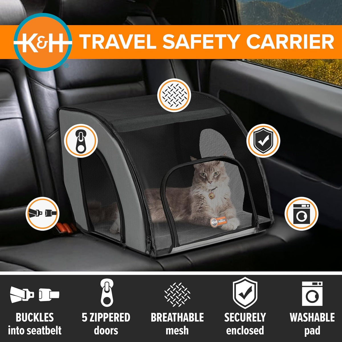 Pet Products Travel Safety Carrier for Pets, Dog Crate for Car Travel, Soft-Sided Carrier for Cats and Small Dogs, Portable Car Seat Kennel, Gray/Black Small 17 X 16 X 15 Inches