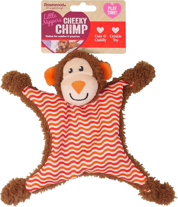 Rosewood Little Nippers Cheeky Chimp Puppy Toy – Soft Plush Dog Toy with Crinkle & Squeak | Flat Body Teething Toy for Puppies & Small Dogs