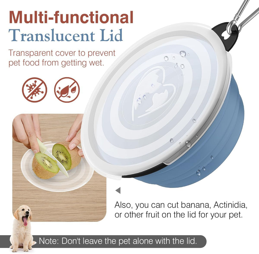 Collapsible Travel Dog Bowls 2 Pack with Lids & Carabiners Silicone