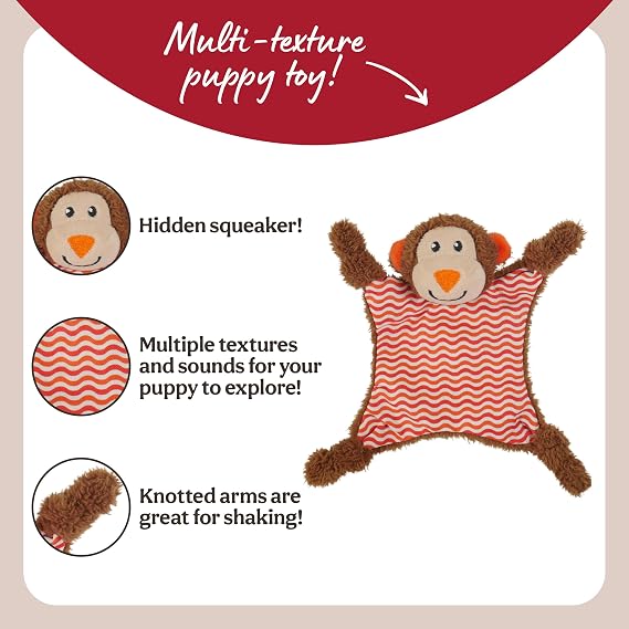 Rosewood Little Nippers Cheeky Chimp Puppy Toy – Soft Plush Dog Toy with Crinkle & Squeak | Flat Body Teething Toy for Puppies & Small Dogs